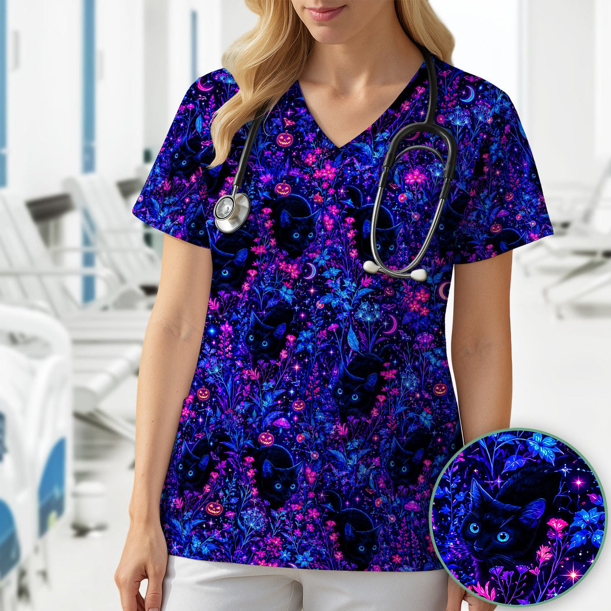 Spooky Black Cat Garden Nurse Scrub Top