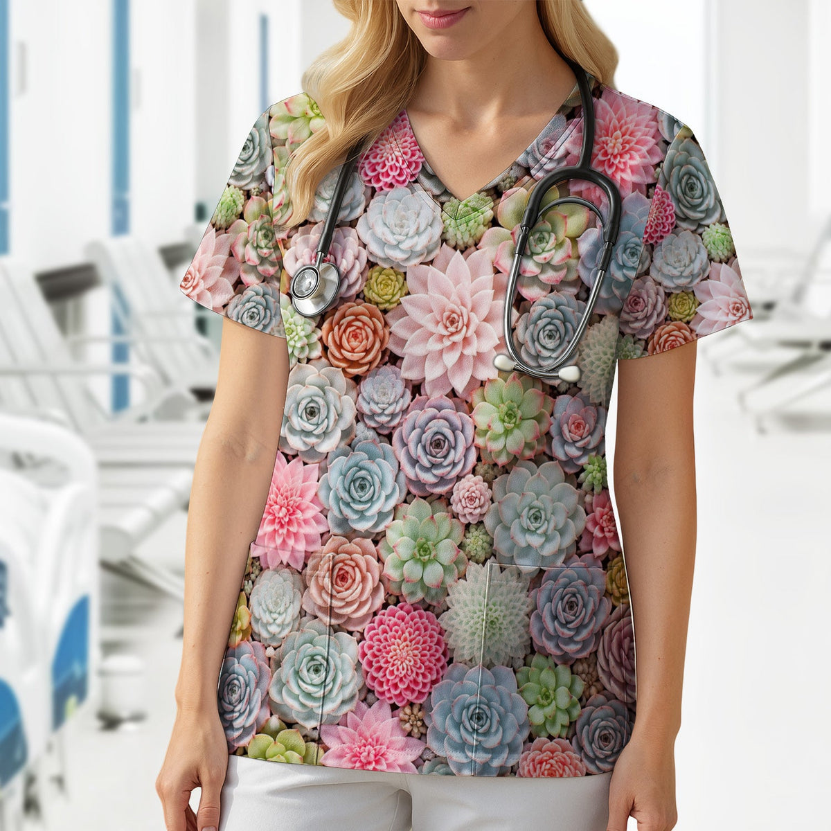 Pastel Succulent Blossom Nurse Scrub Top