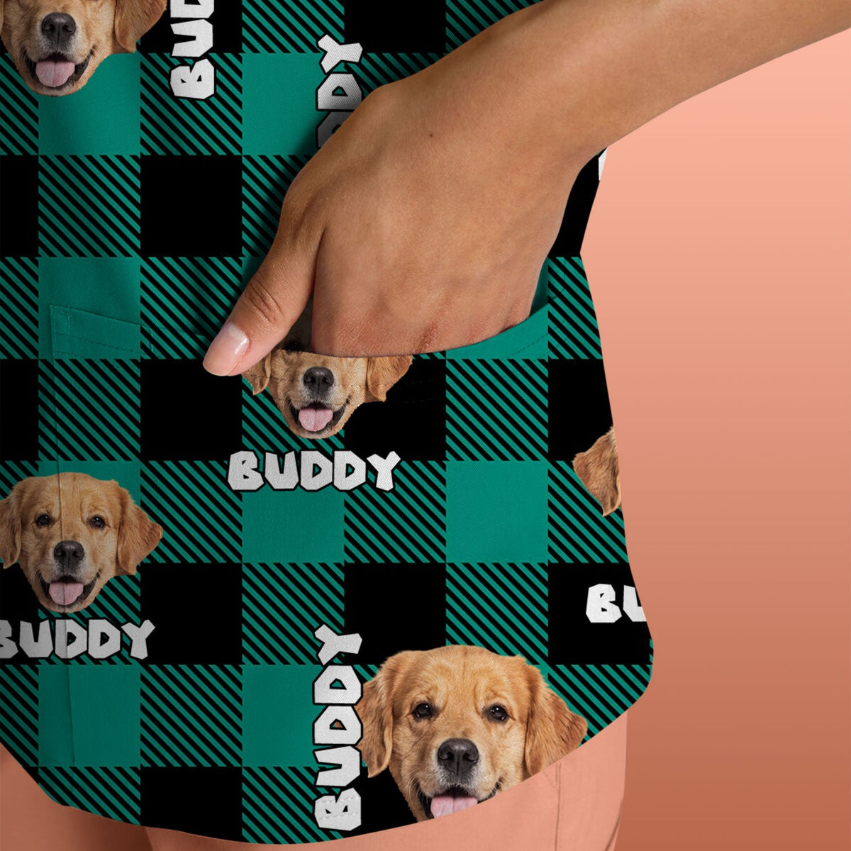 Custom Dog Face Scrub Top, Personalized Pet Photo Checkered Pattern Shirt, Custom Name Vet Tech Gift For Nursing