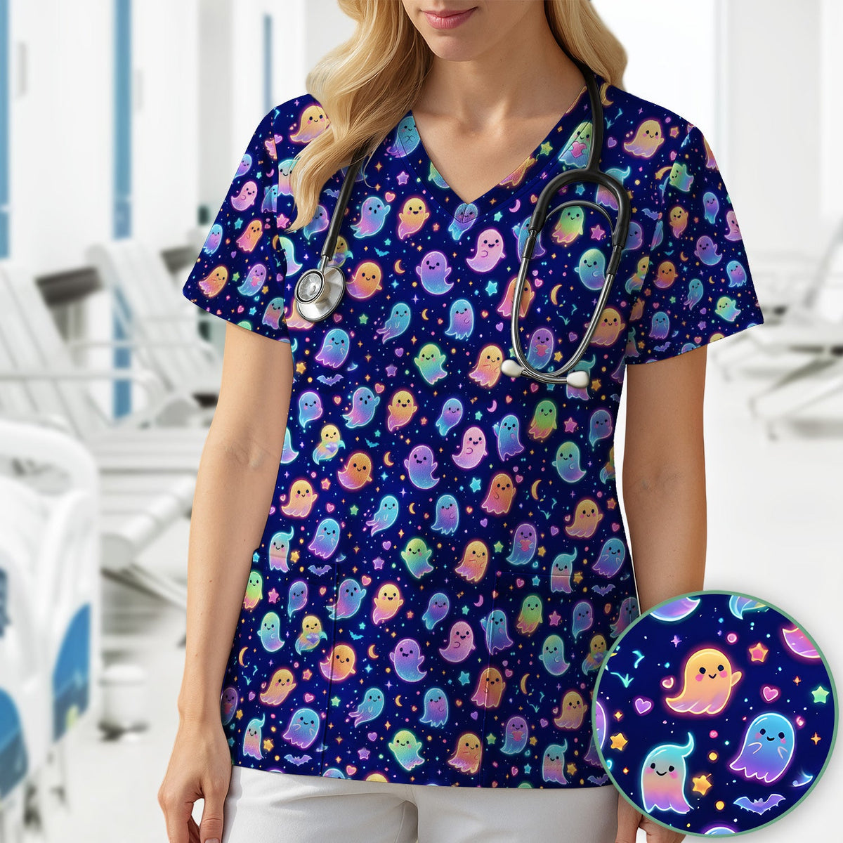 Neon Halloween Ghosts Nurse Scrub Top