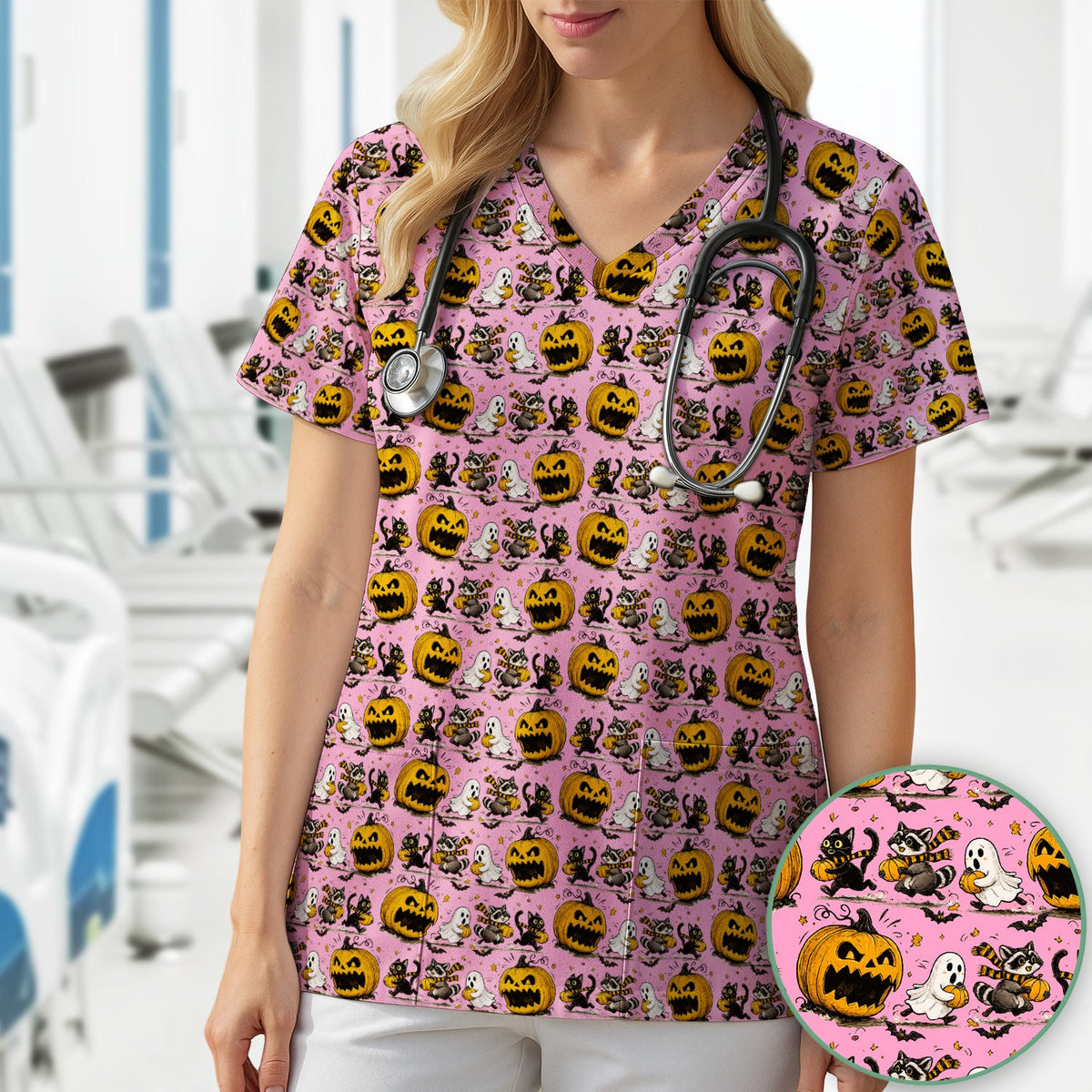 Spooky Woodland Critters Nurse Scrub Top