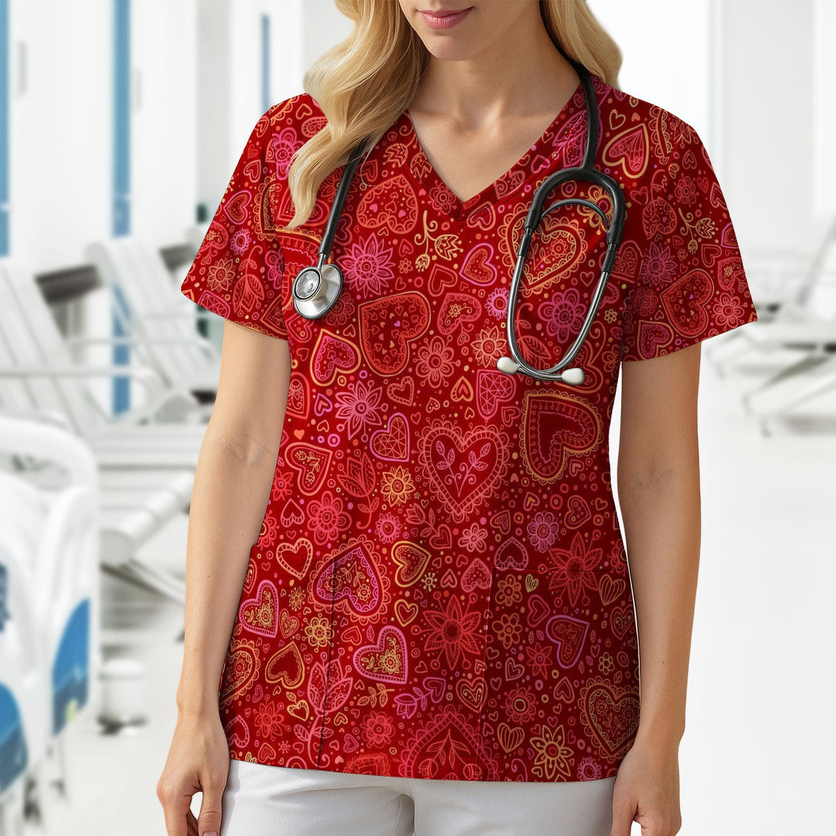 Valentine Heart Nurse Scrub Top, Cute Nursing Pattern Shirt, Breathable Fabrics Nursing Uniform