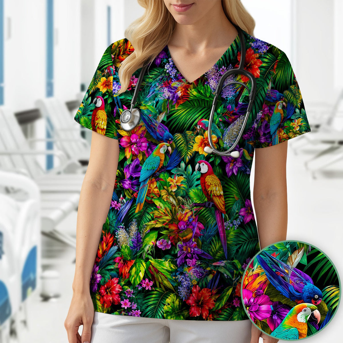 Tropical Parrot Jungle Blossom Nurse Scrub Top