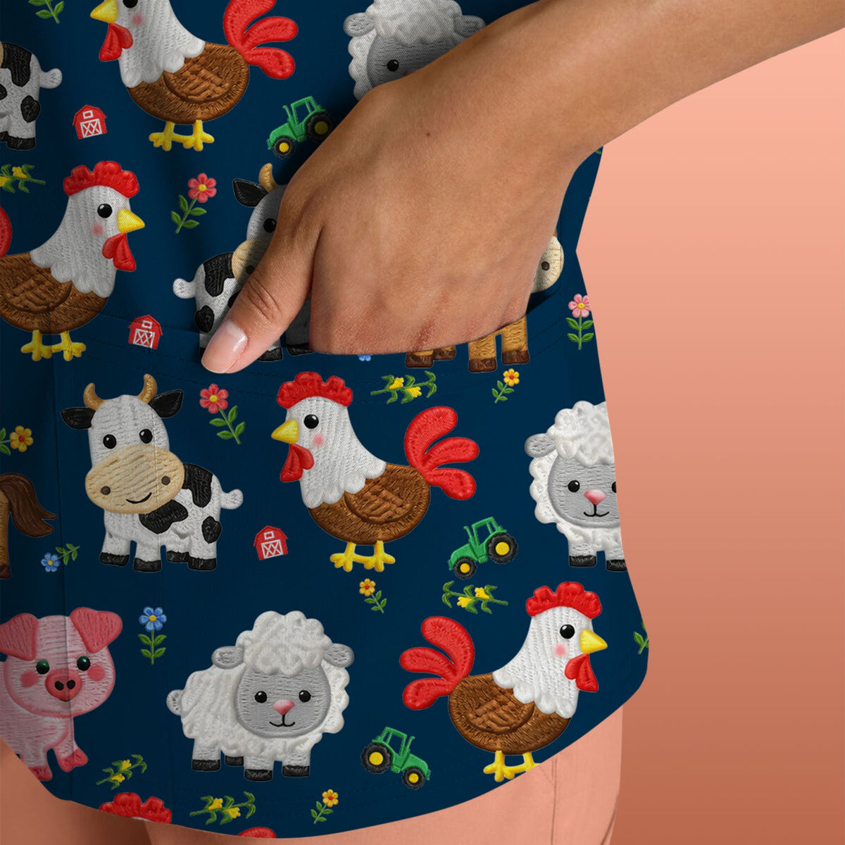 Cartoon Farm Animal Nurse Scrub Top