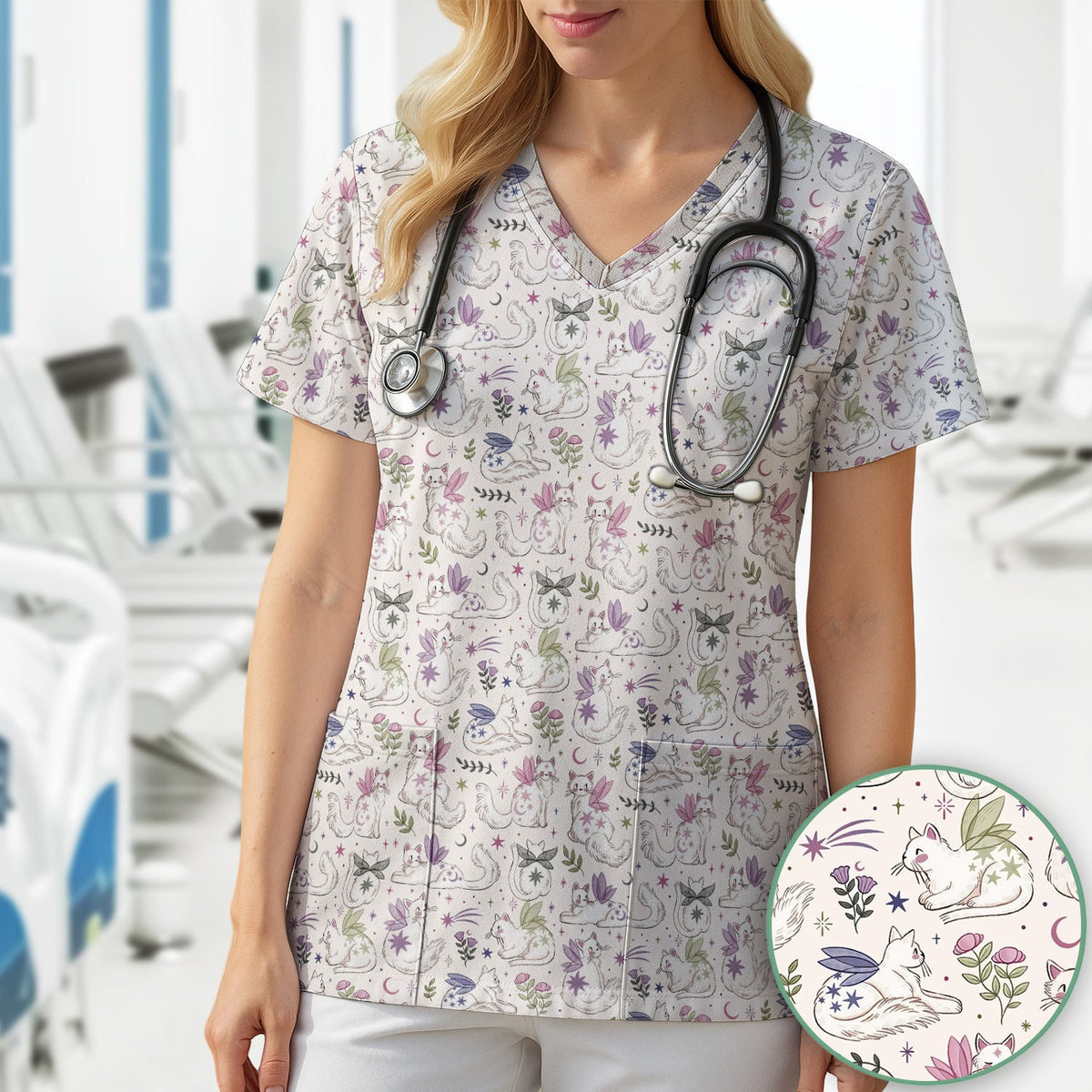 Fairy Cat Moon Star Nurse Scrub Top