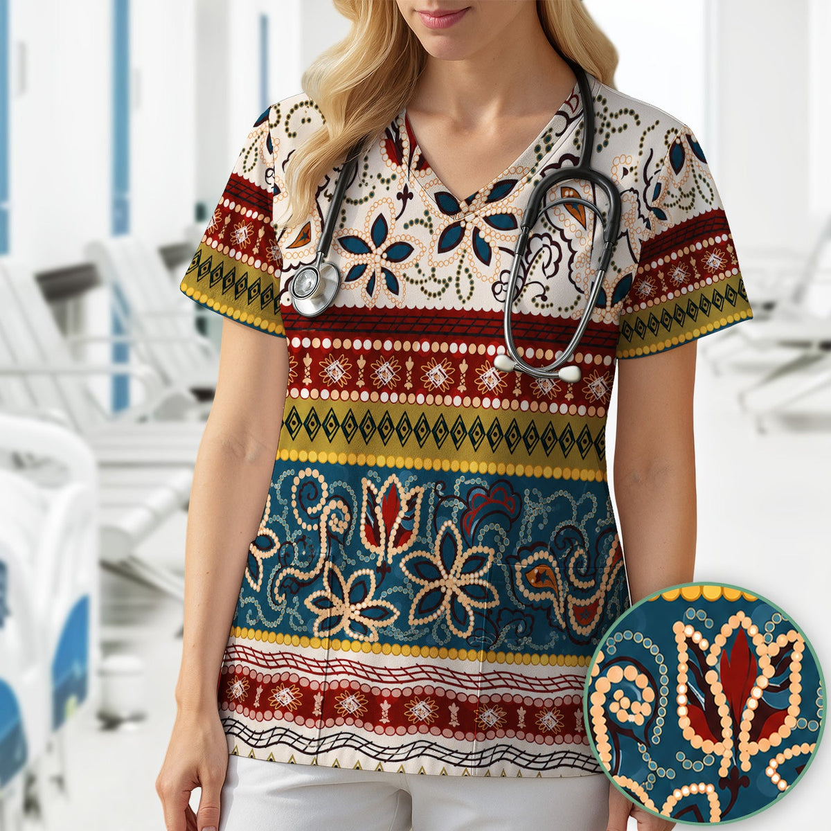 Boho Paisley Floral Stripe Nurse Scrub Top