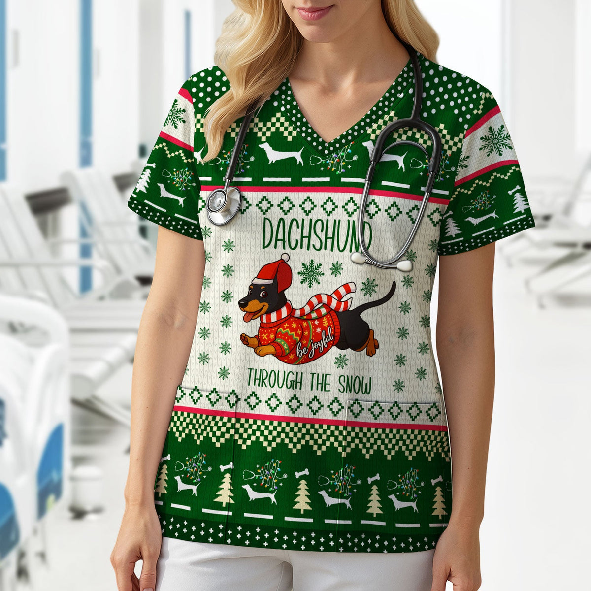 Wiener Dog Through The Snow Christmas Nurse Scrub Top