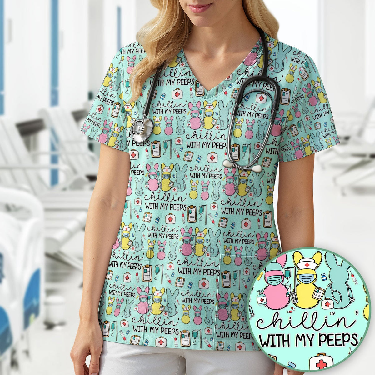 Bunny Nurse Chillin With My Peeps Scrub Top - Easter Gift