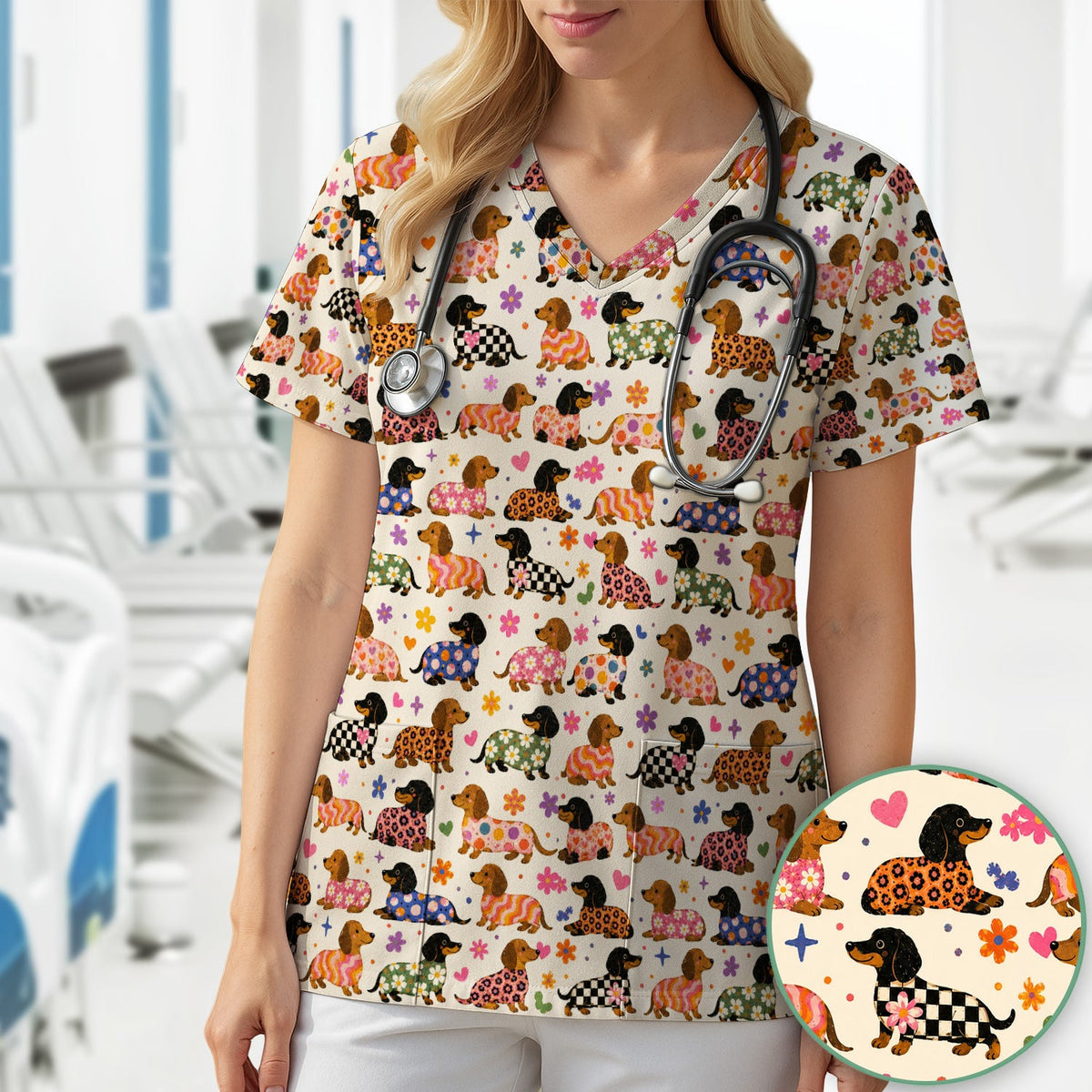 Floral Dachshund Print Nurse Scrub Top