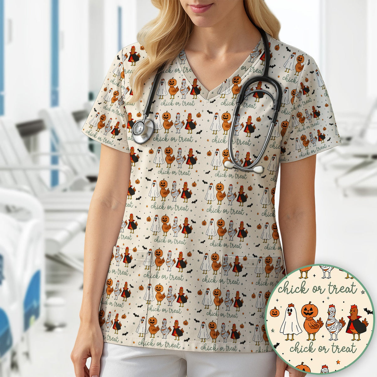 Chick Or Treat Nurse Scrub Top - Halloween Gift
