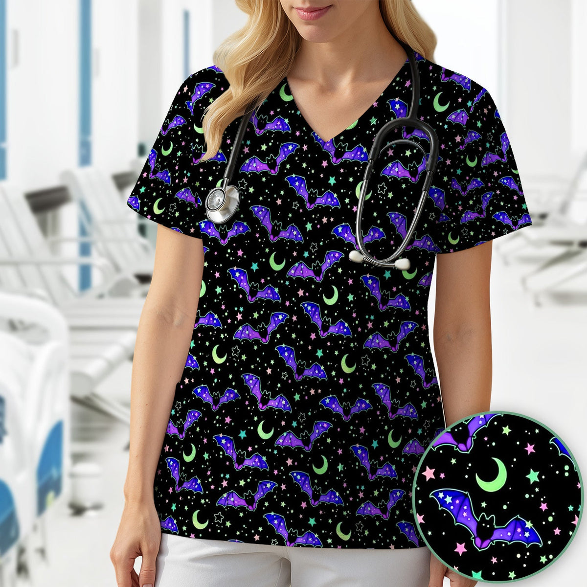Spooky Celestial Bat Nurse Scrub Top