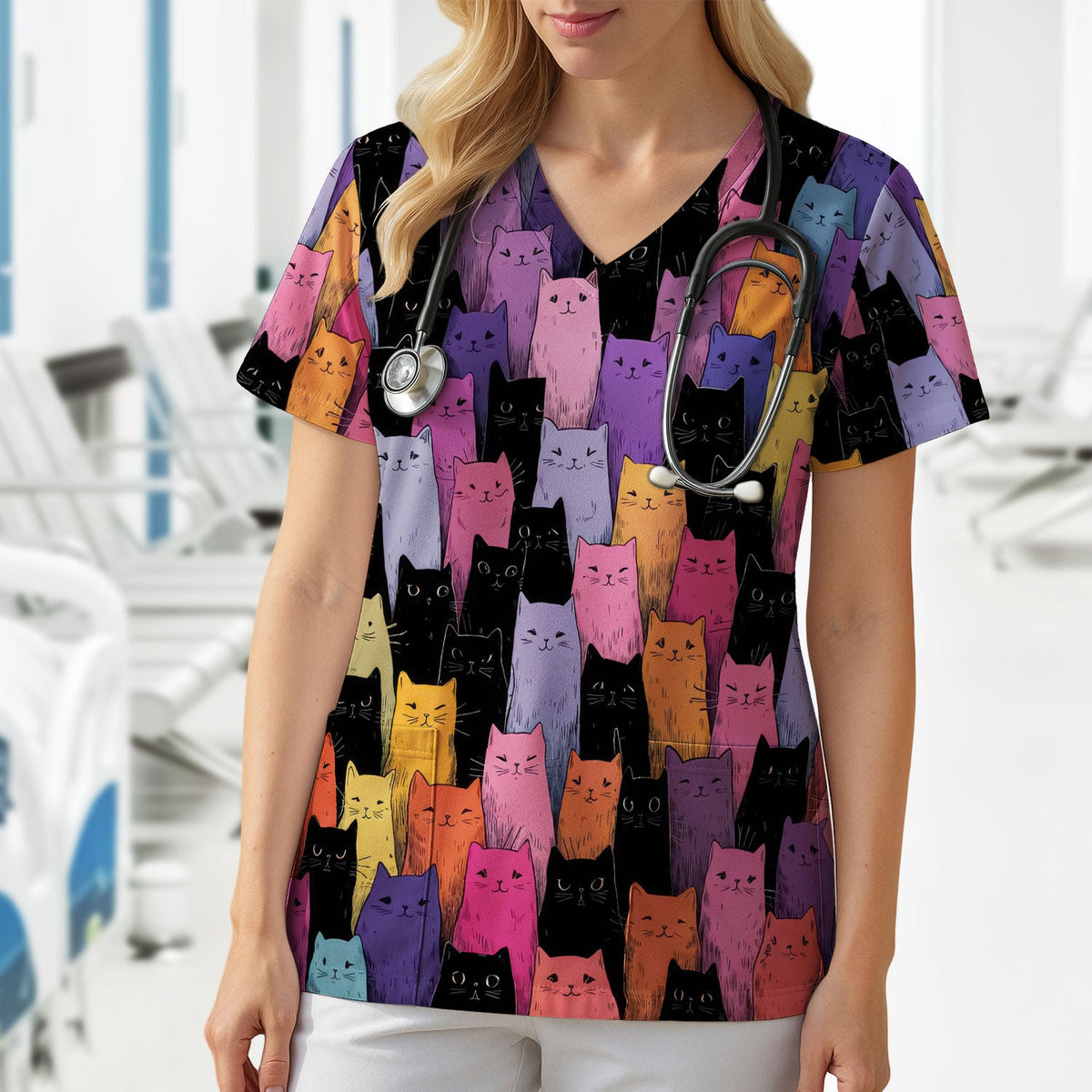 Colorful Cat Art Nurse Scrub Top