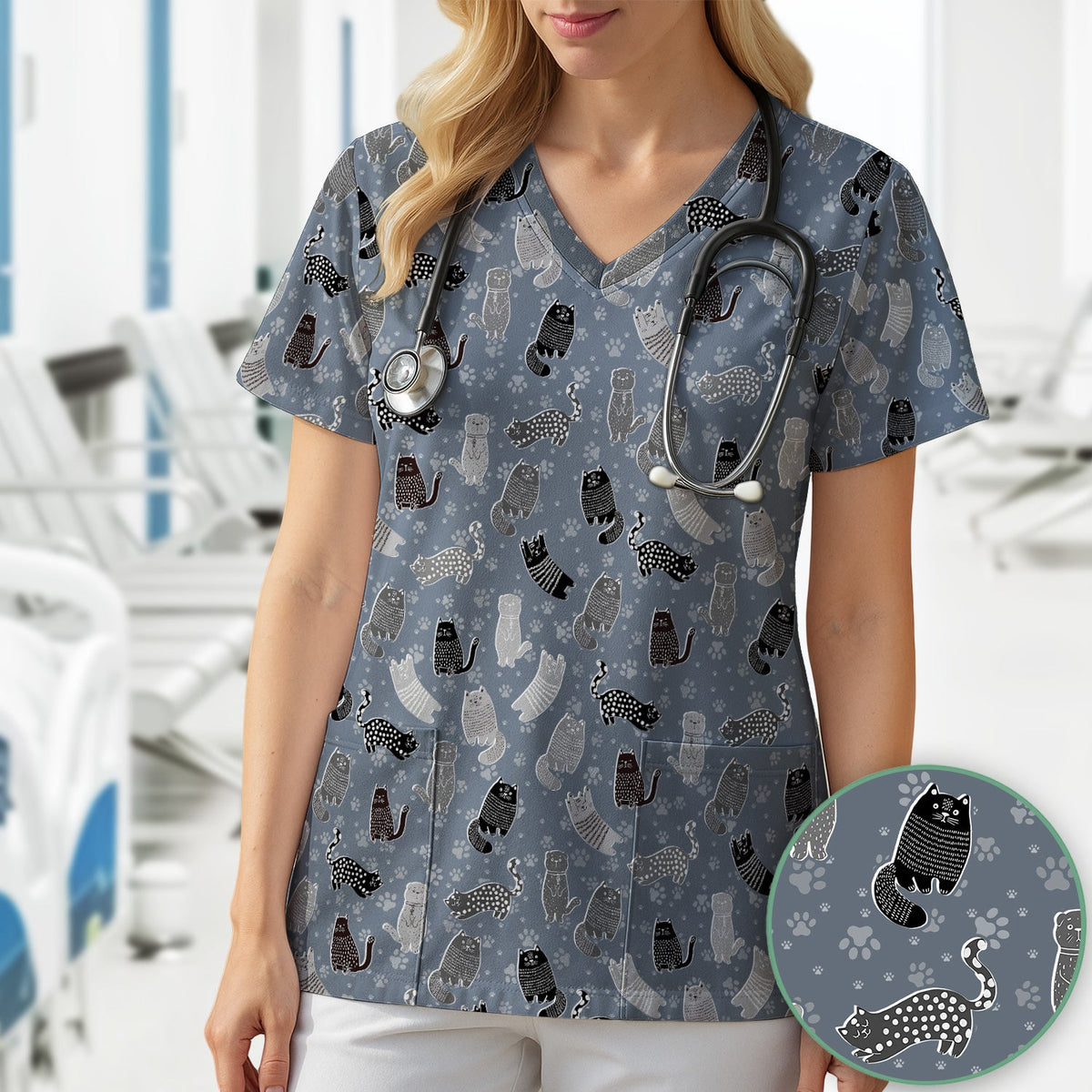 Cat Paw Print Nurse Scrub Top