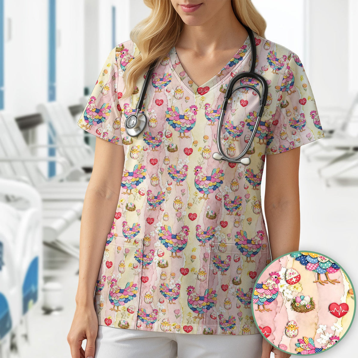 Colorful Chicken Easter Eggs Heart Nurse Scrub Top