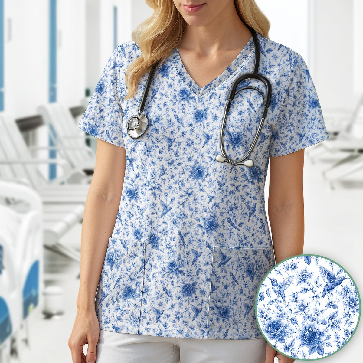 Blue Floral Hummingbird Toile Nurse Scrub Top