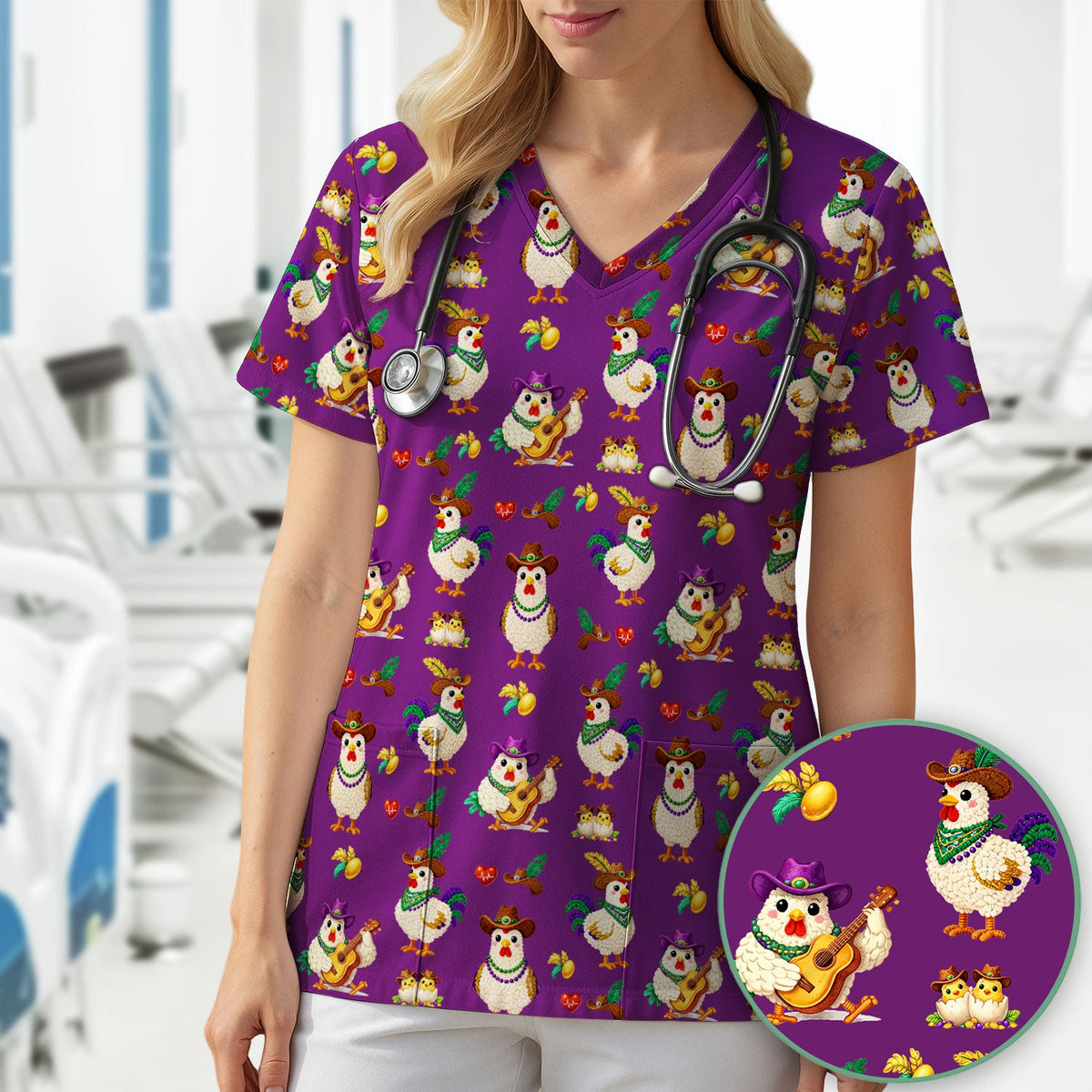 Mardi Gras Rooster Cowboy Nurse Scrub Top