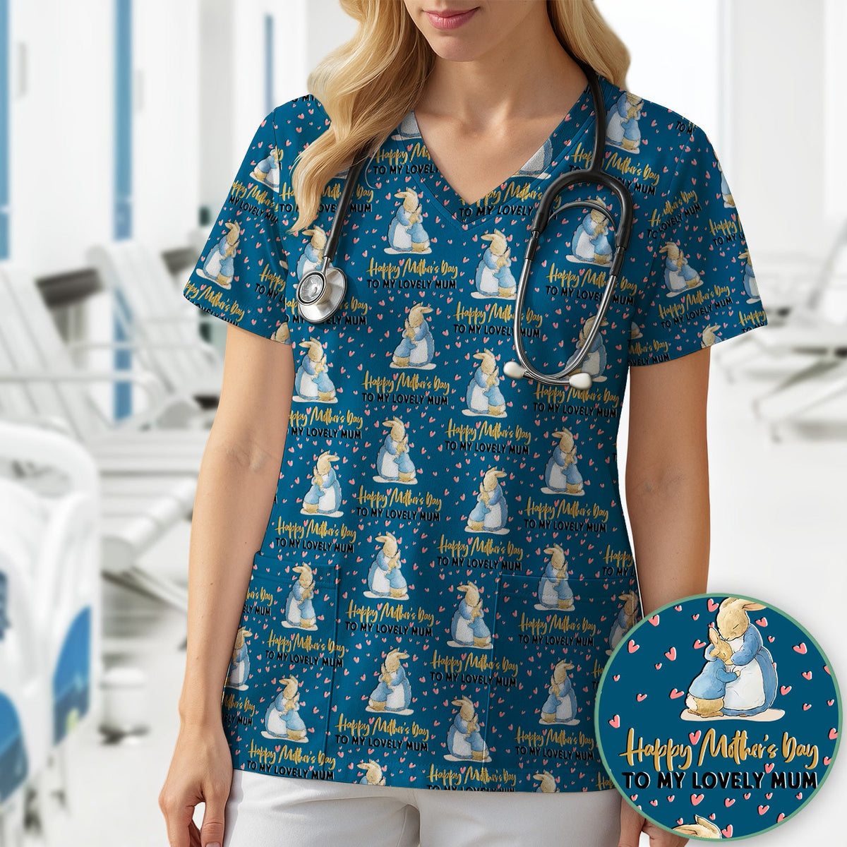 Mothers Day Bunny Love Nurse Scrub Top