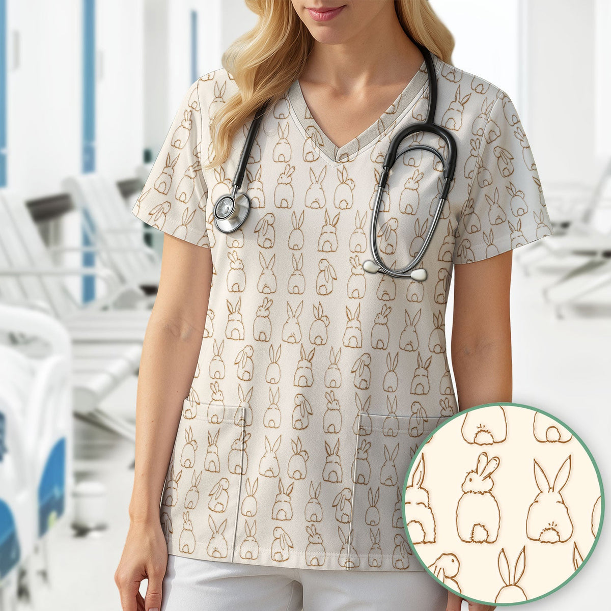 Cartoon Bunny Line Art Nurse Scrub Top - Easter Gift