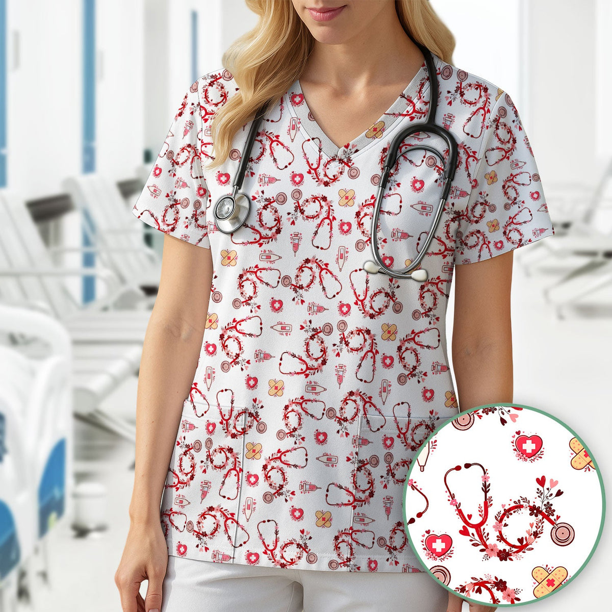 Heart Stethoscope Nurse Scrub Top