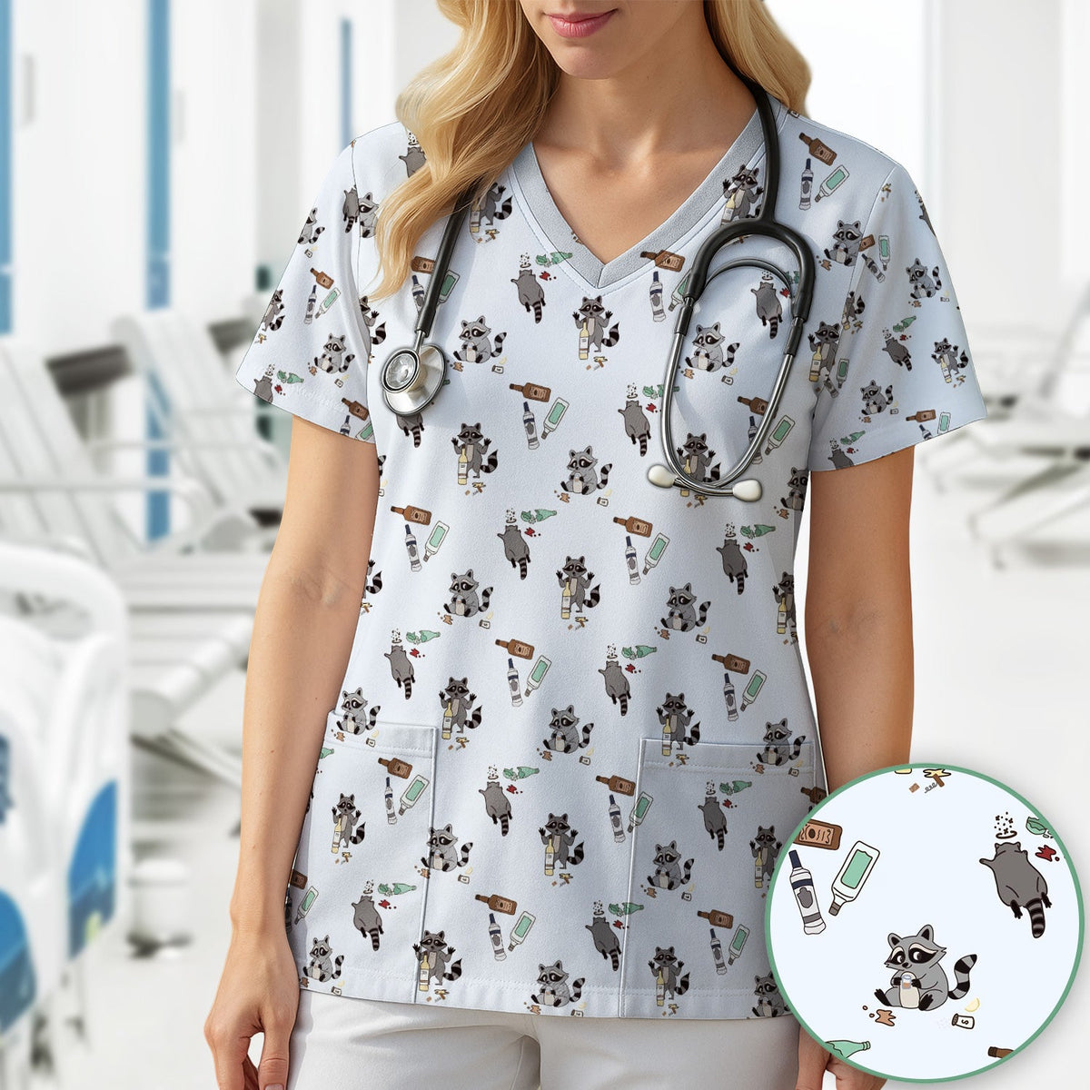 Messy Drunk Raccoon Nurse Scrub Top