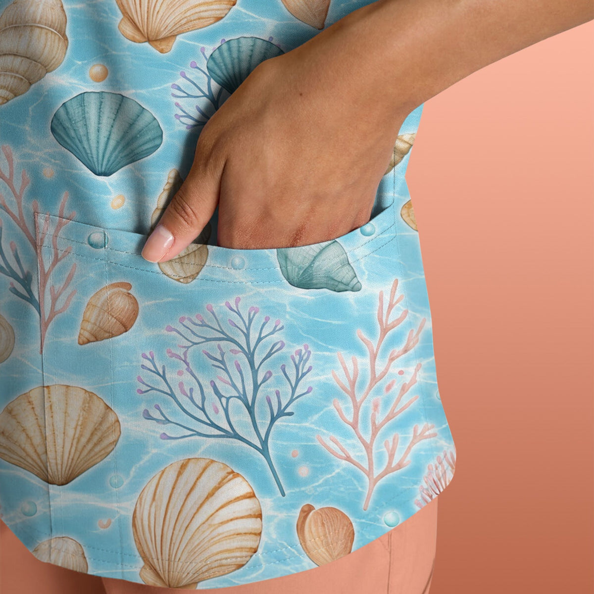 Coastal Seashell And Coral Reef Nurse Scrub Top