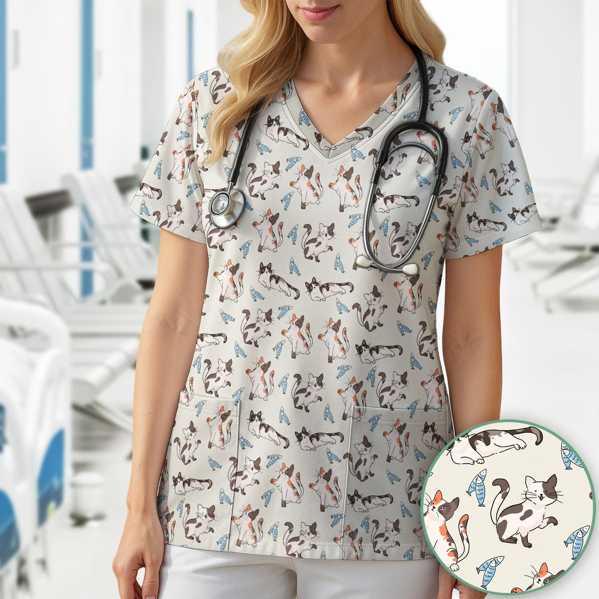 Playful Cats Fish Nurse Scrub Top