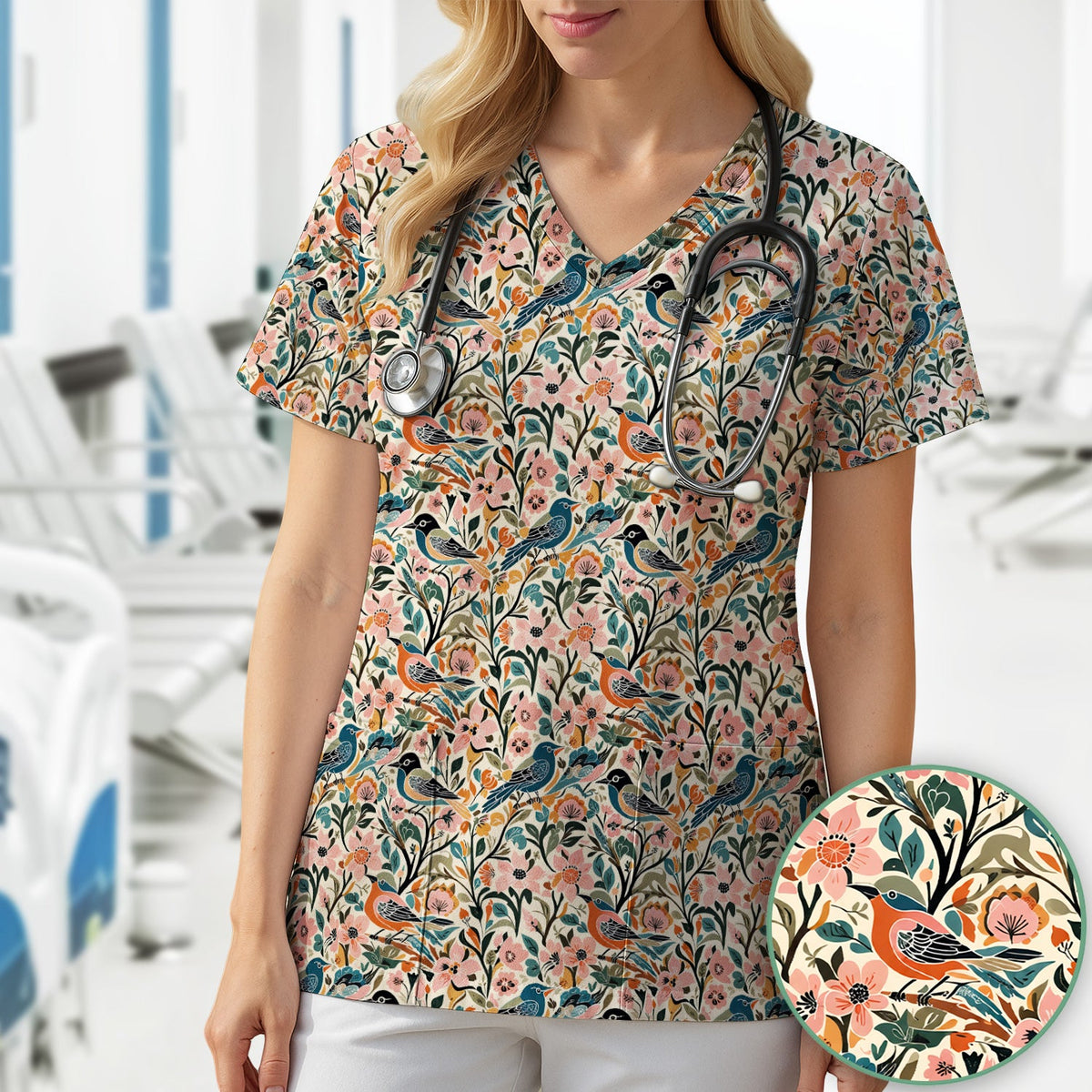 Folk Art Songbird Floral Nurse Scrub Top