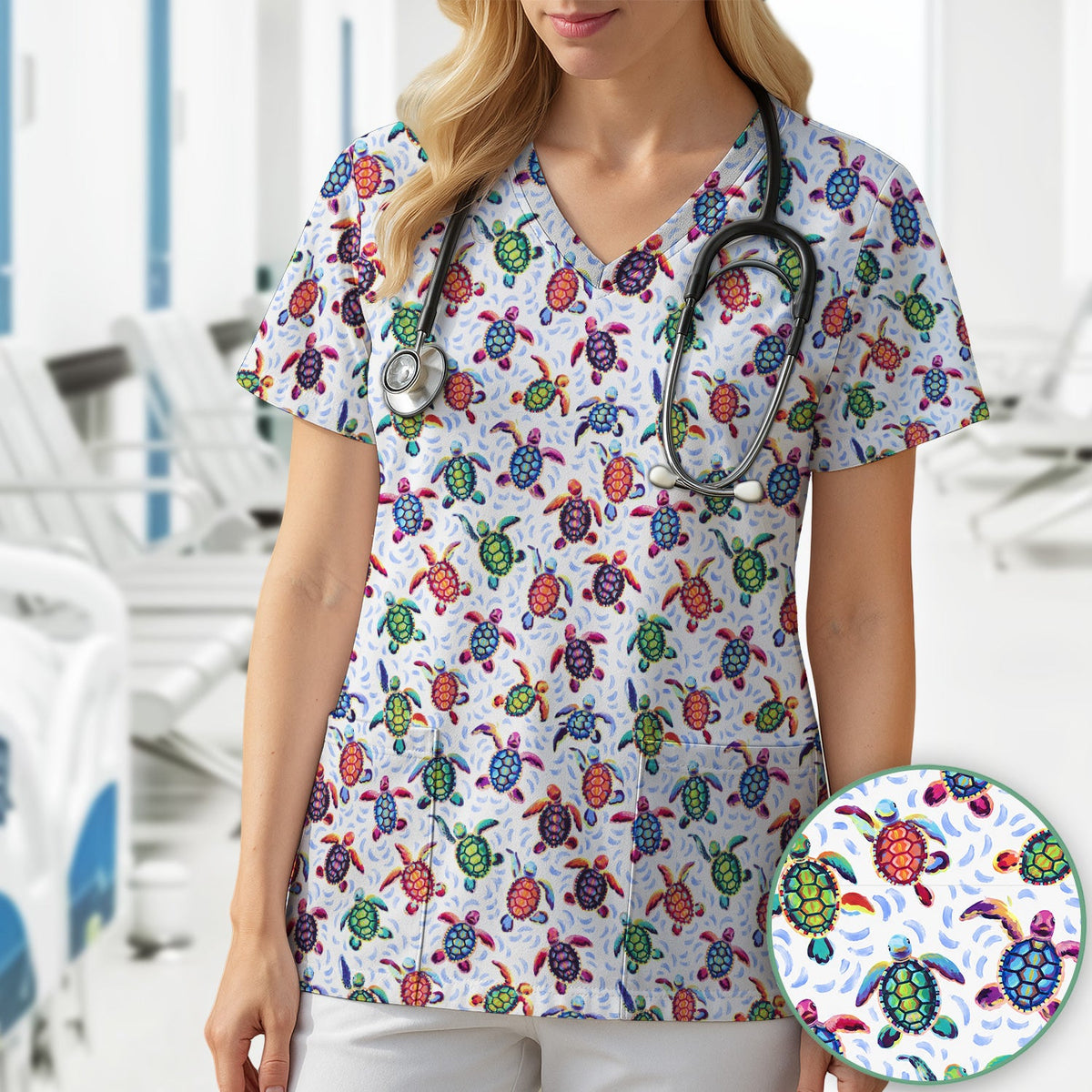 Colorful Sea Turtle Wave Nurse Scrub Top