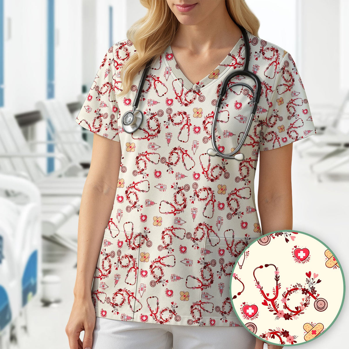 Heart Stethoscope Nurse Scrub Top