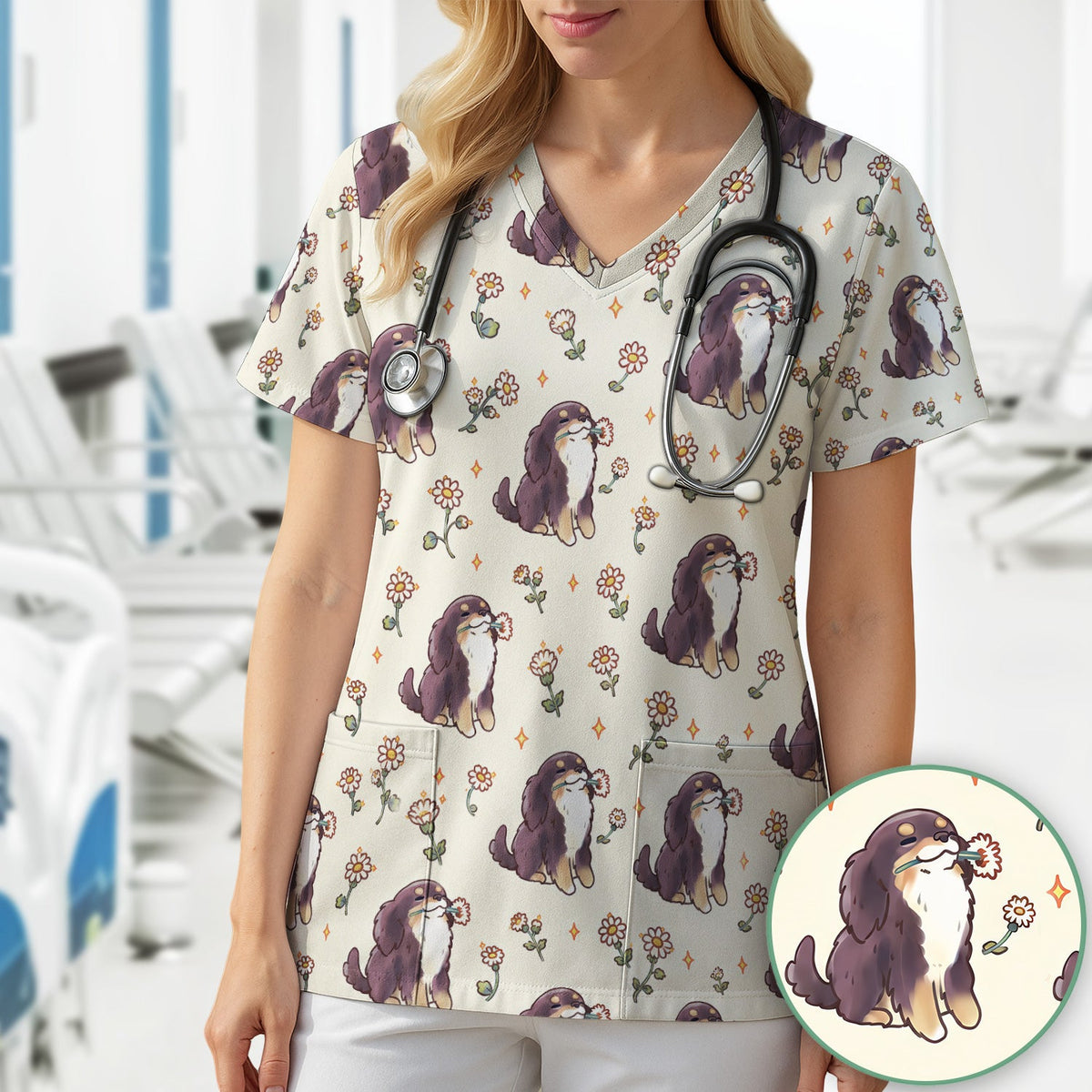 Floral Otter Daisy Nurse Scrub Top