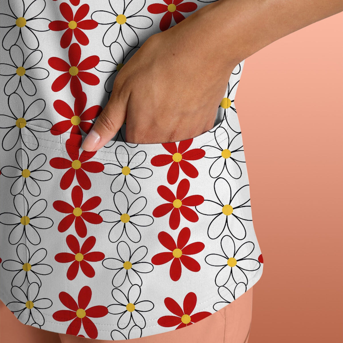 Retro Red Blue Daisy Nurse Scrub Top
