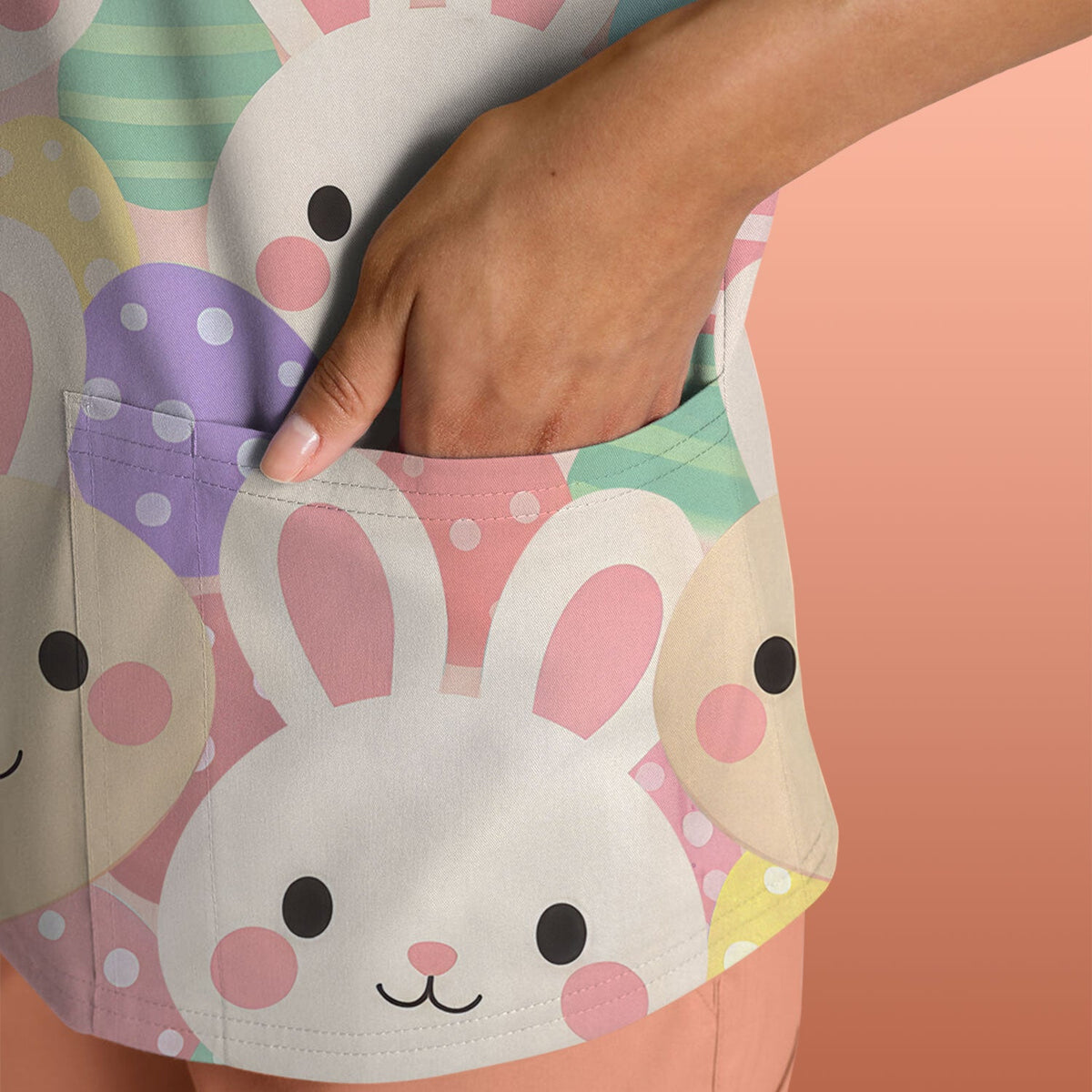 Pastel Bunny Easter Eggs Nurse Scrub Top