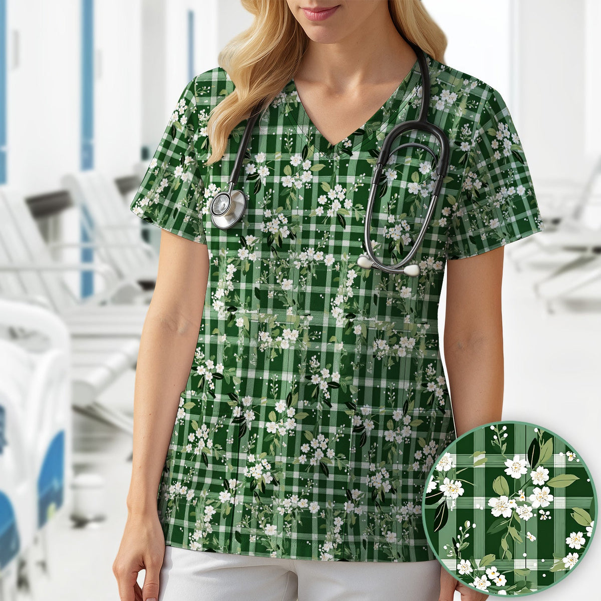 Green Gingham Floral Nurse Scrub Top