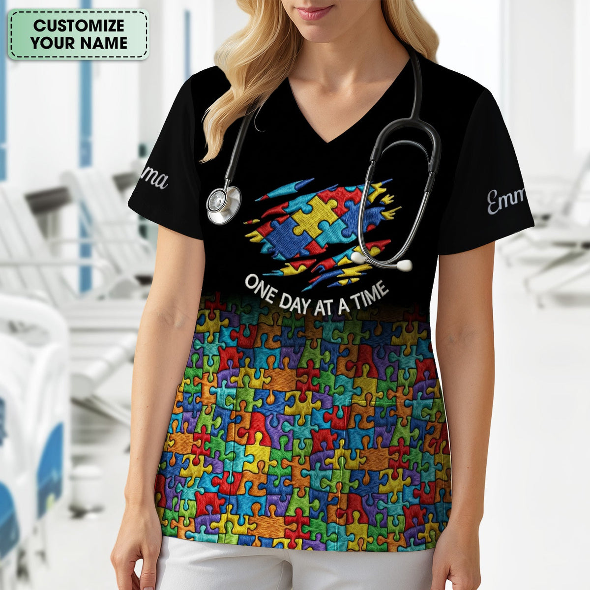 Personalized Autism Puzzle One Day At A Time Nurse Scrub Top