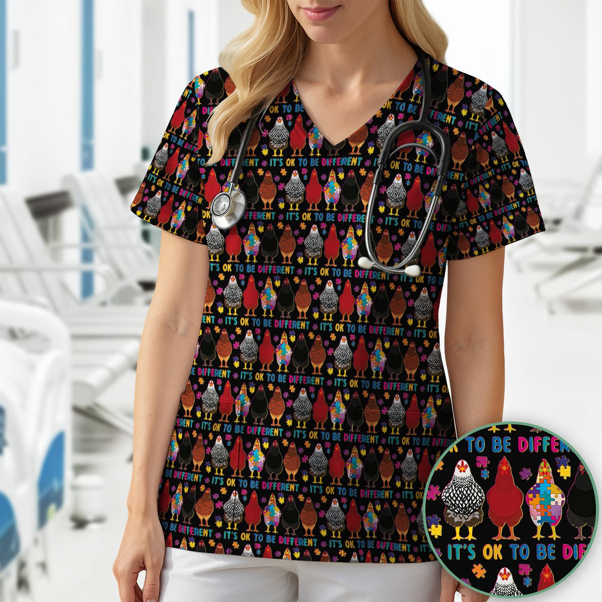 Autism Chicken It's OK To Be Different Nurse Scrub Top
