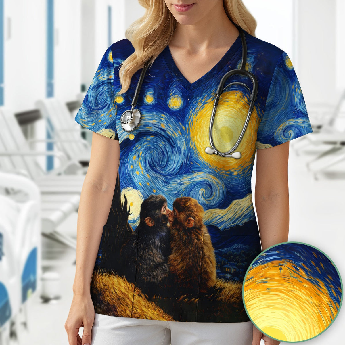 Romantic Monkey Night Sky Nurse Scrub Top