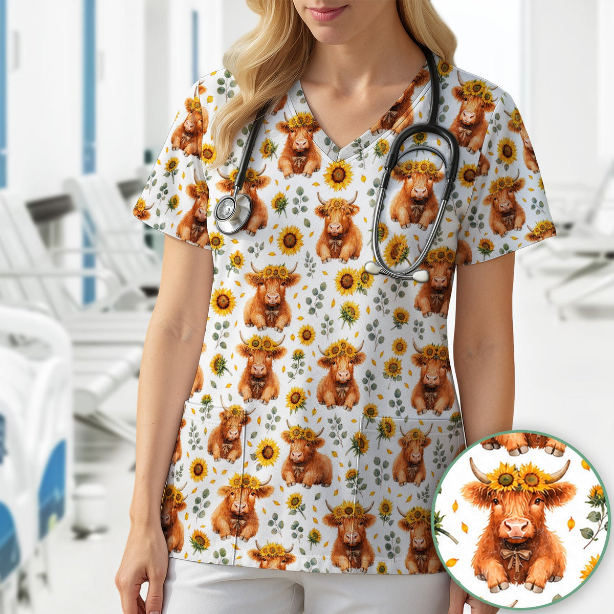 Rustic Highland Cow Floral Nurse Scrub Top