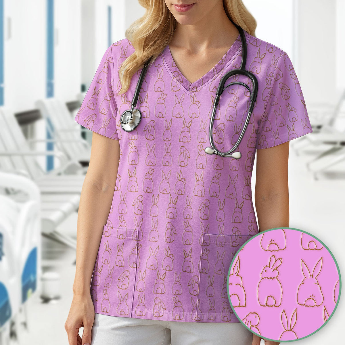 Cartoon Bunny Line Art Nurse Scrub Top - Easter Gift