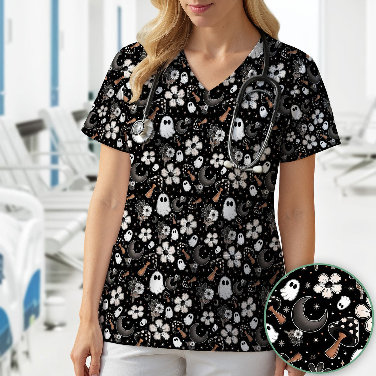 Floral Mushroom Ghost Nurse Scrub Top