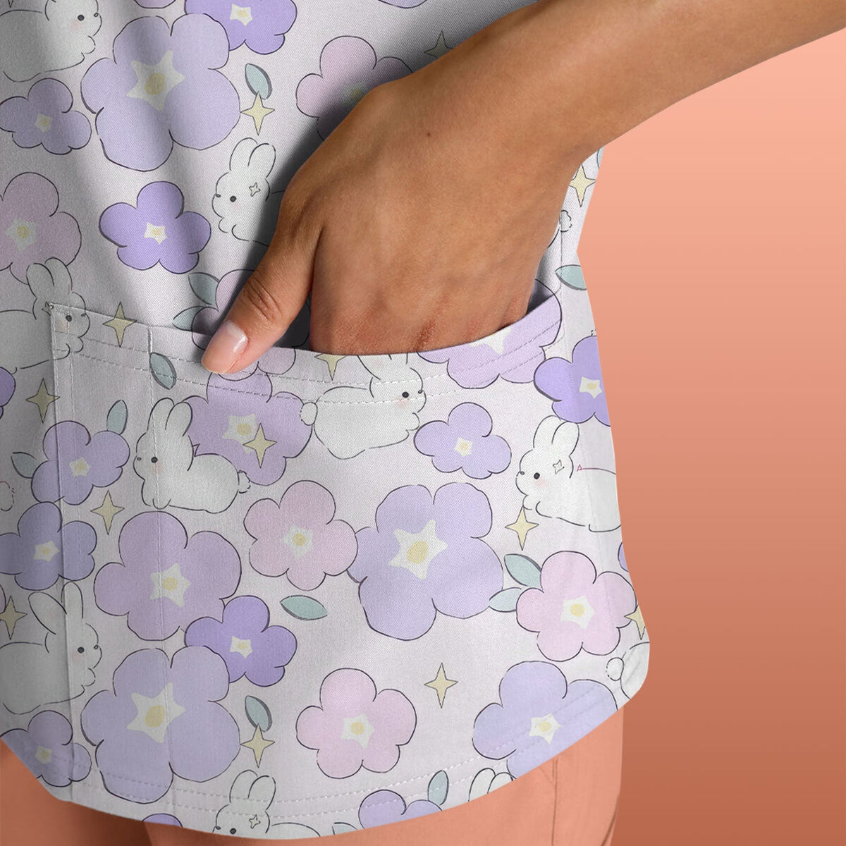 Bunny Floral Pastel Nurse Scrub Top