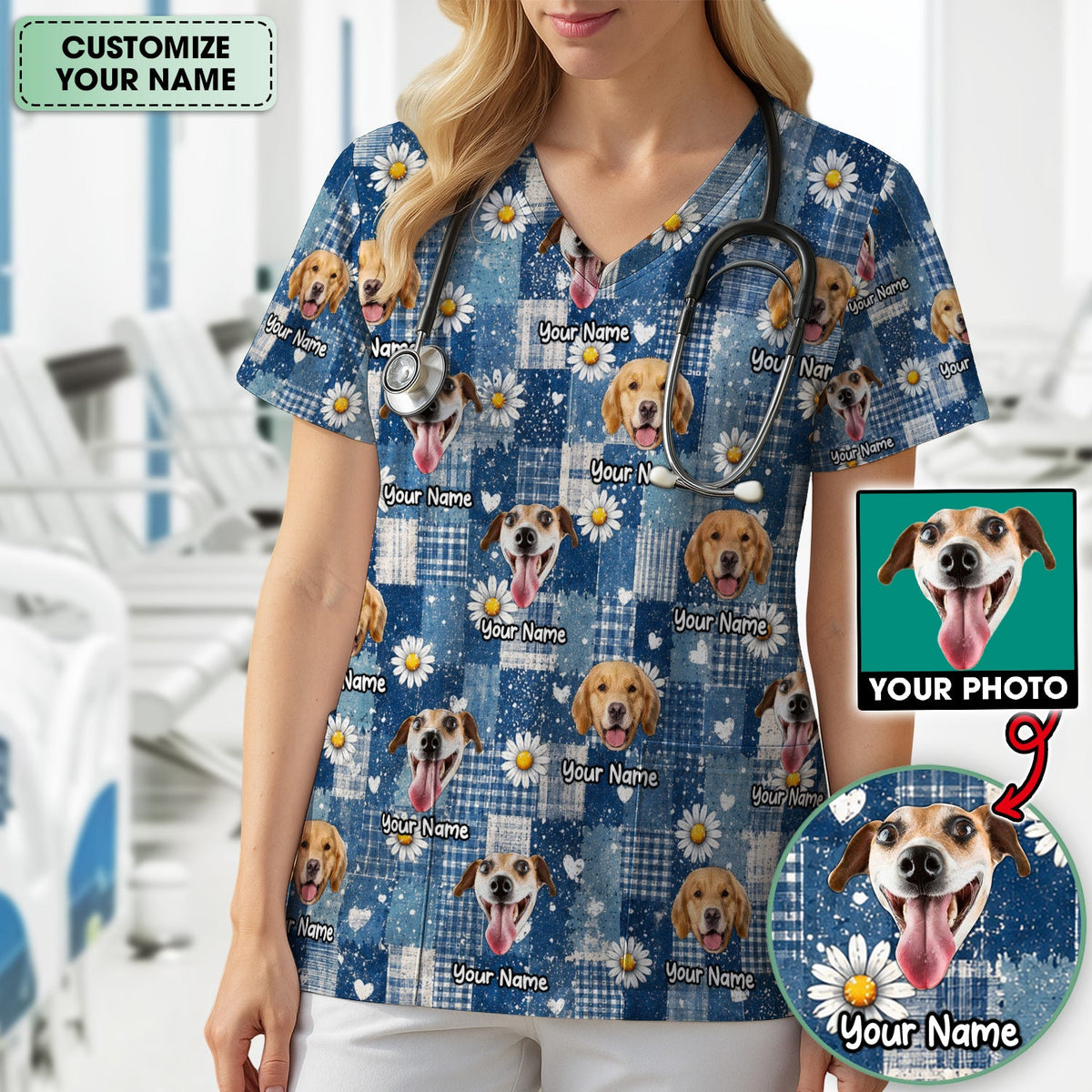 Personalized Dog Photo Patchwork Daisy Nurse Scrub Top