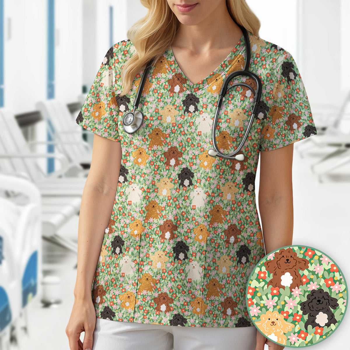 Poodle Dogs Floral Nurse Scrub Top