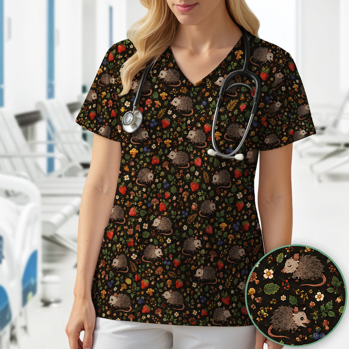 Woodland Opossum Berry Mushroom Nurse Scrub Top