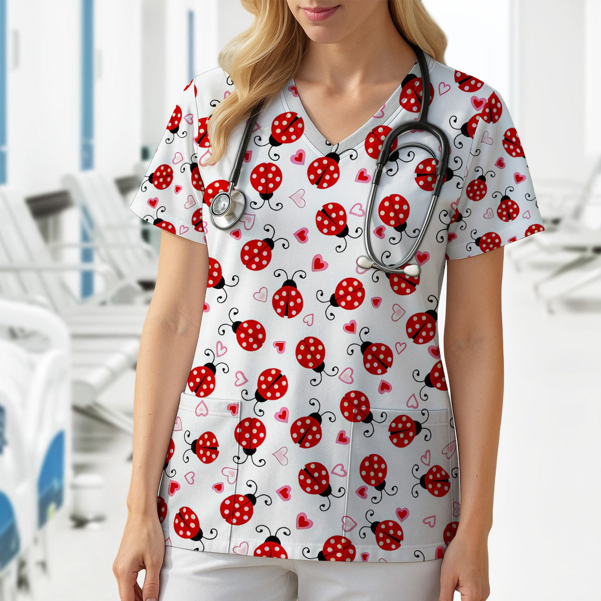Ladybug Heart Love Nurse Scrub Top