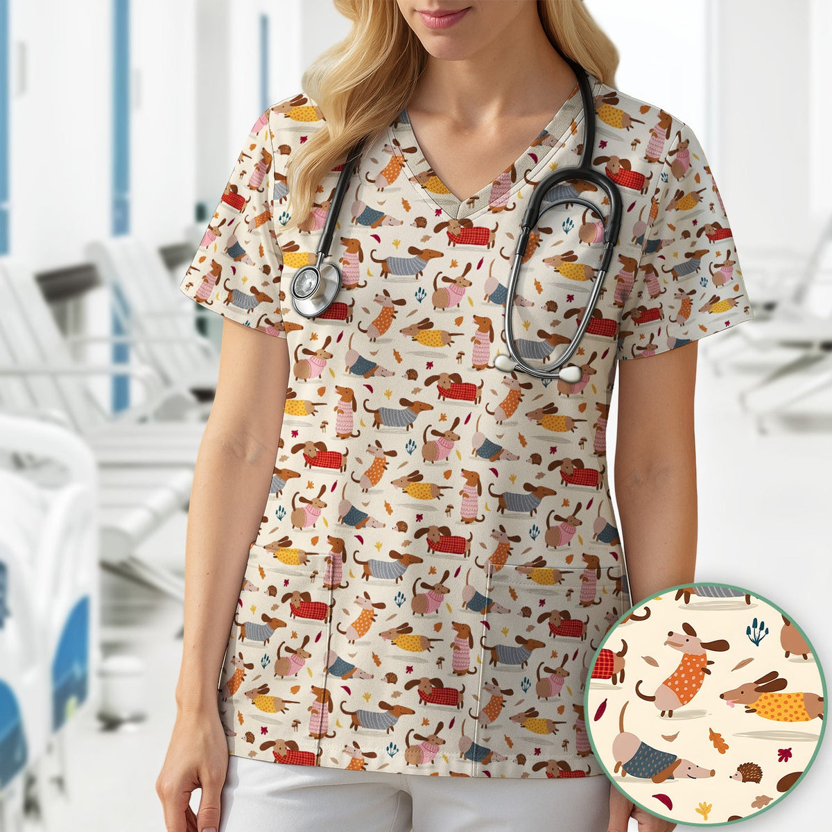 Cute Autumn Dachshund Nurse Scrub Top