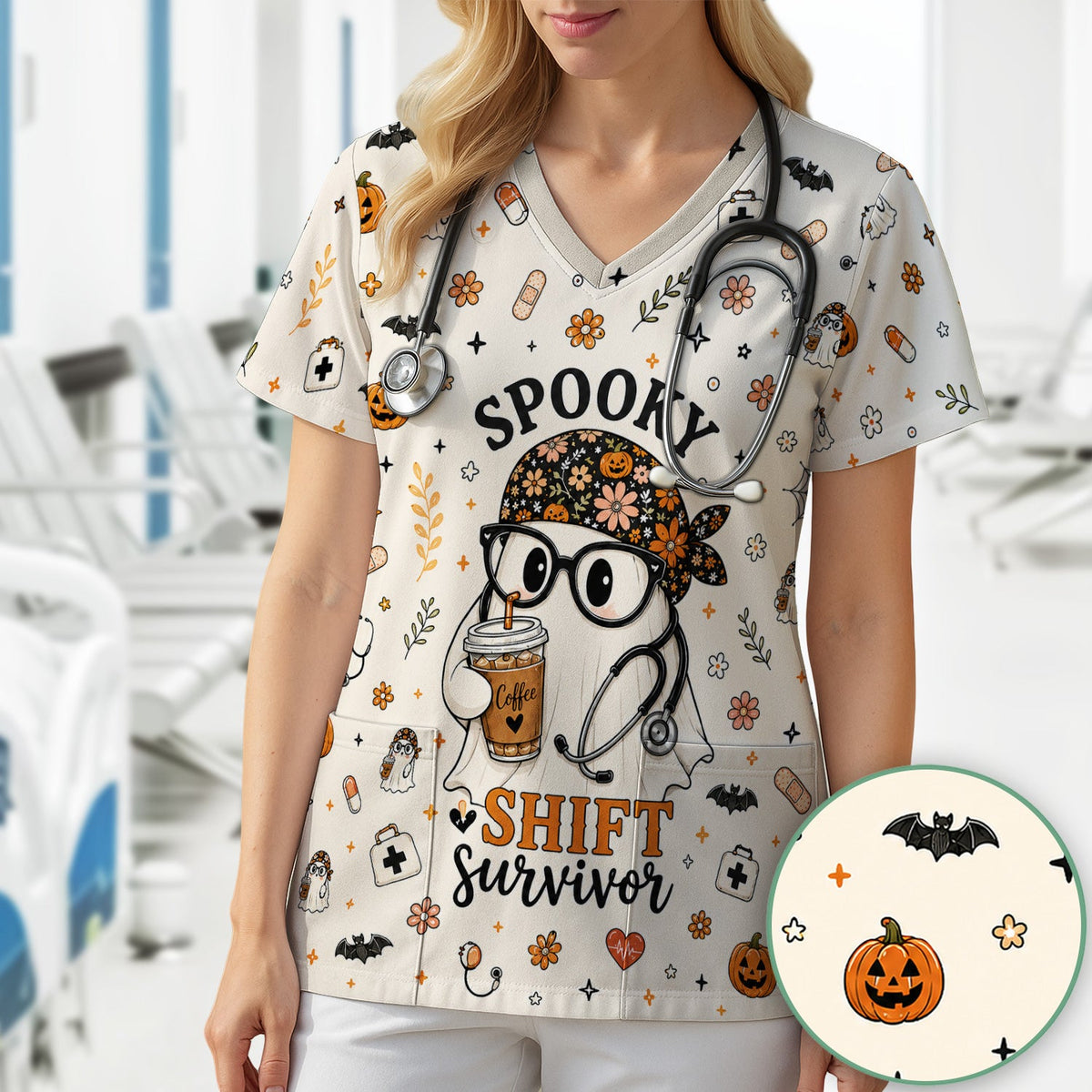 Shift Survivor Ghost Nurse Scrub Top - Halloween Gift