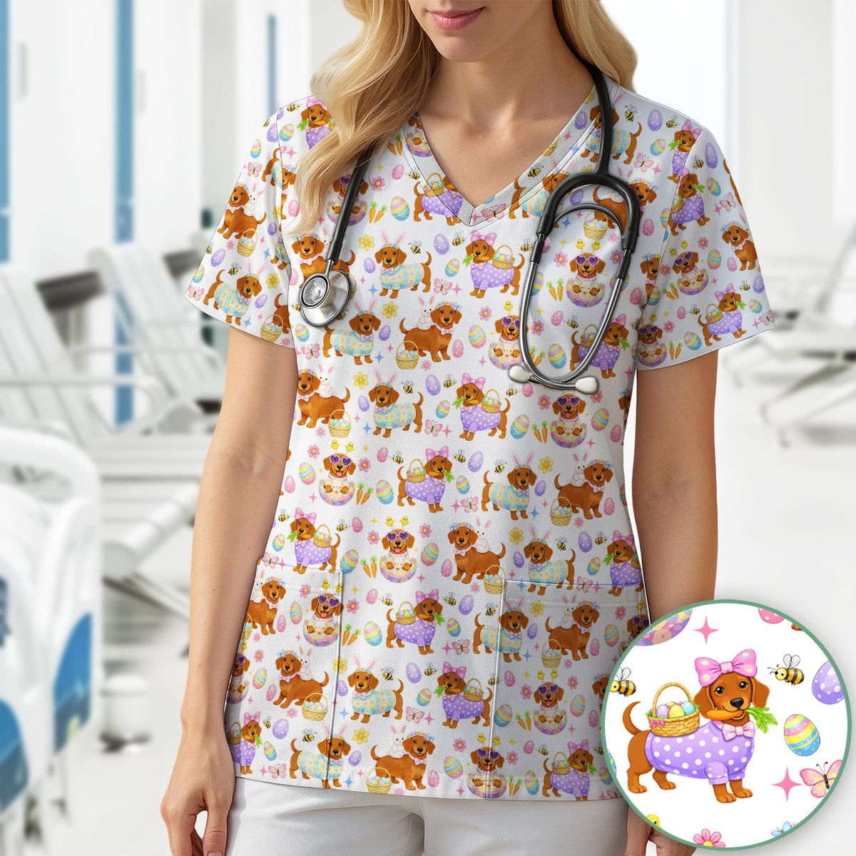 Easter Dachshund Nurse Scrub Top