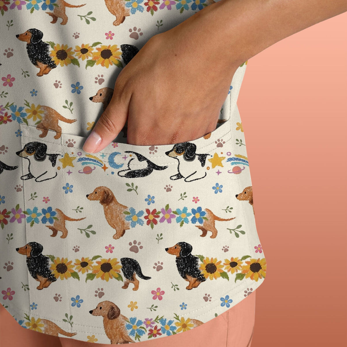 Floral Wiener Dog Nurse Scrub Top