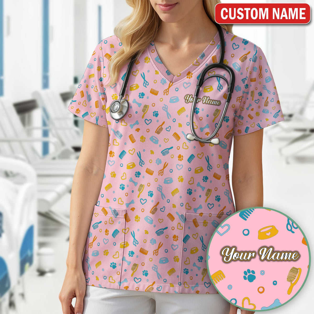 Personalized Dog Cat Grooming Nurse Scrub Top