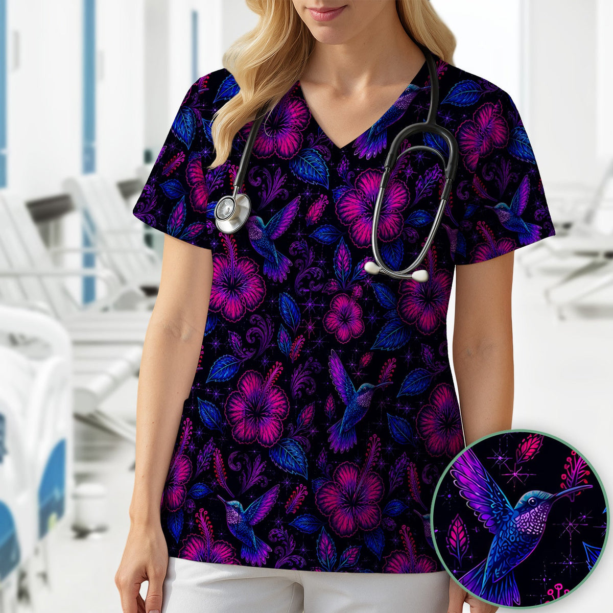 Tropical Hummingbird Hibiscus Floral Nurse Scrub Top